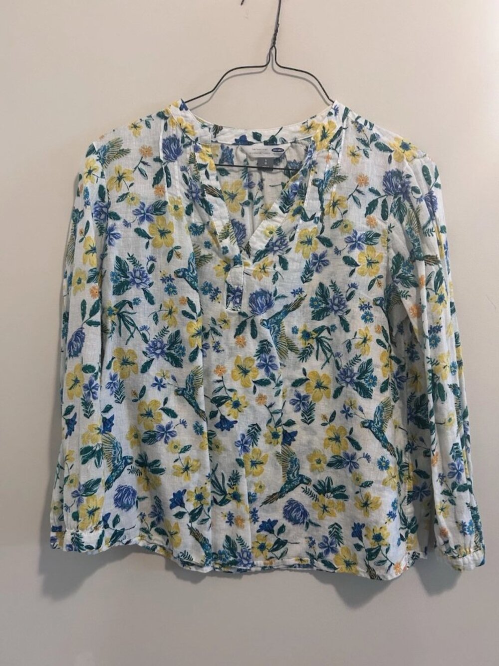 Old Navy Women's Floral Linen Cotton Tunic V-Neck Long Sleeve Blouse Size L